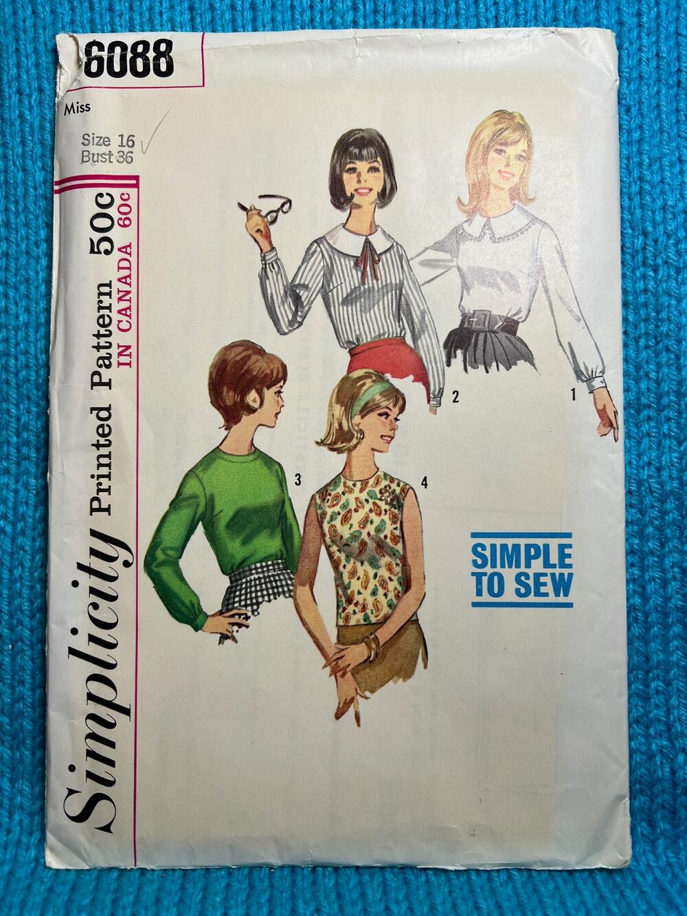 Simplicity Sewing Pattern 6088 blouse button back 1960s size 16